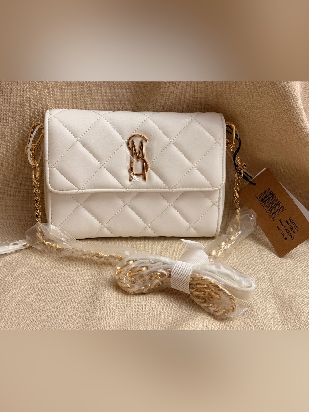 Steve Madden White Quilted Crossbody with Gold Chain and Logo